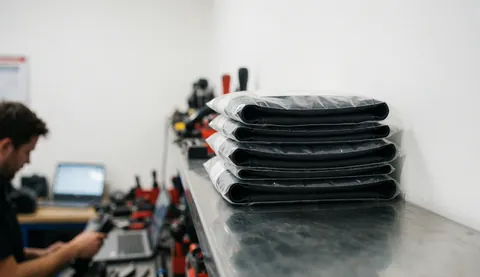 Pneus neufs emballés sur une étagère métallique dans un atelier de réparation, avec des outils et une personne travaillant en arrière-plan.