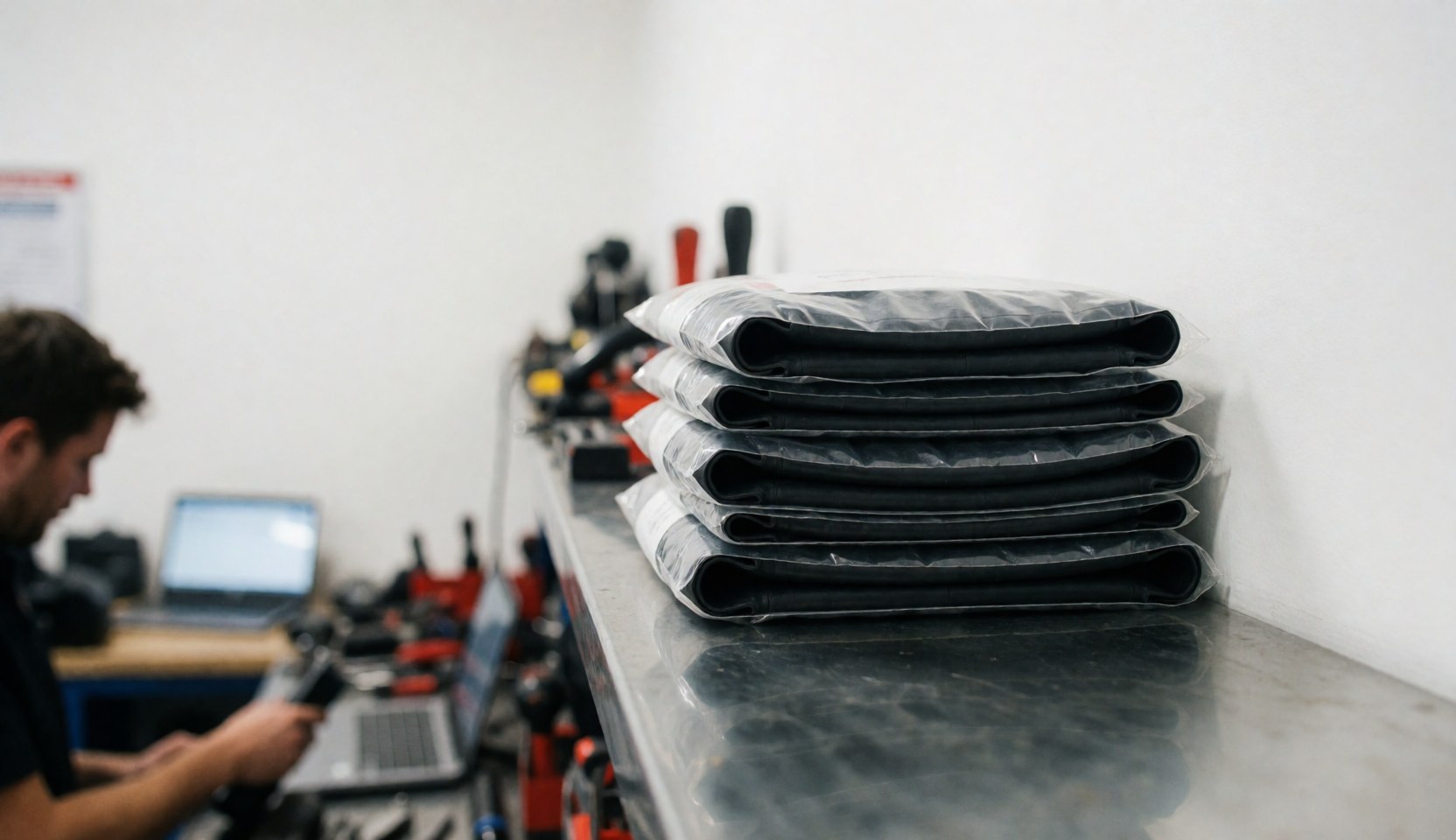 Pneus neufs emballés sur une étagère métallique dans un atelier de réparation, avec des outils et une personne travaillant en arrière-plan.