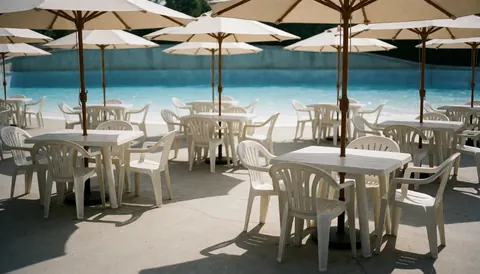Tables et chaises blanches sous des parasols beige près d'une piscine bleue, offrant un fond neutre idéal pour du texte dans un parc aquatique.