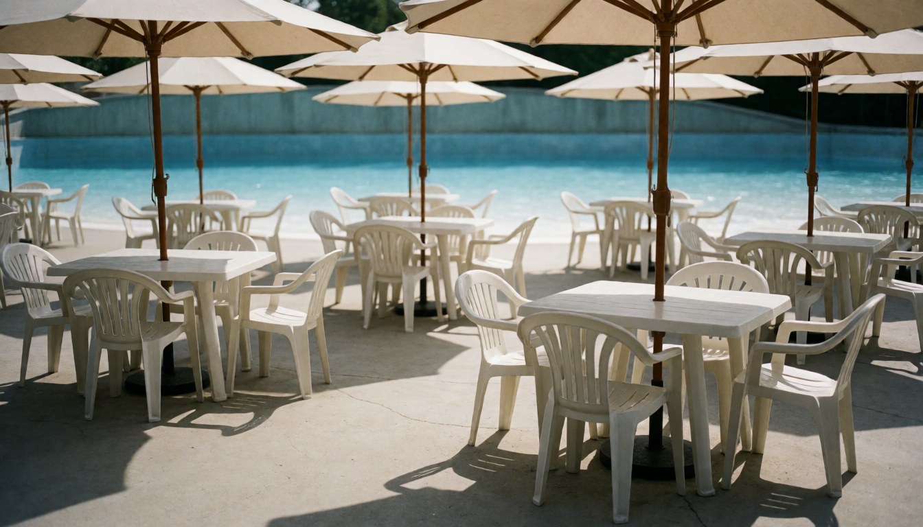 Tables et chaises blanches sous des parasols beige près d'une piscine bleue, offrant un fond neutre idéal pour du texte dans un parc aquatique.