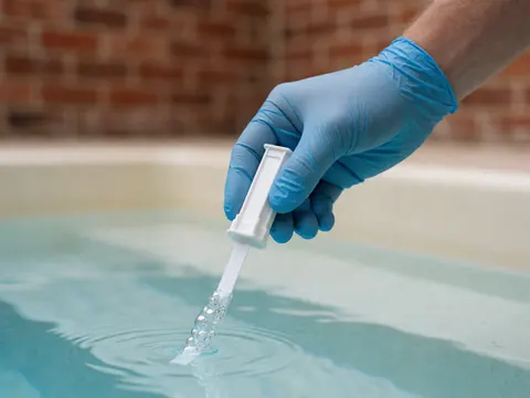 Main portant un gant bleu tenant une bandelette de test blanche immergée dans l'eau bleue de la piscine avec des bulles, mur de briques rouges en arrière-plan.