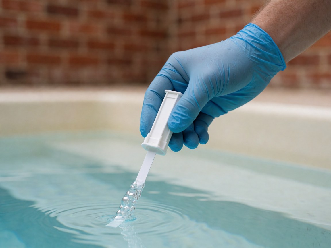 Main portant un gant bleu tenant une bandelette de test blanche immergée dans l'eau bleue de la piscine avec des bulles, mur de briques rouges en arrière-plan.