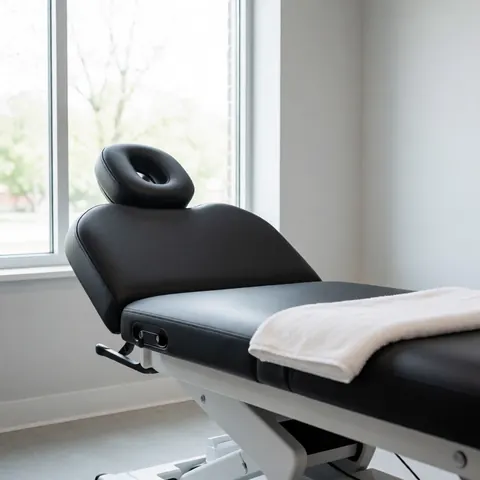 Table de massage noire avec serviette blanche dans une clinique minimaliste aux grandes fenêtres et aux murs gris clair.