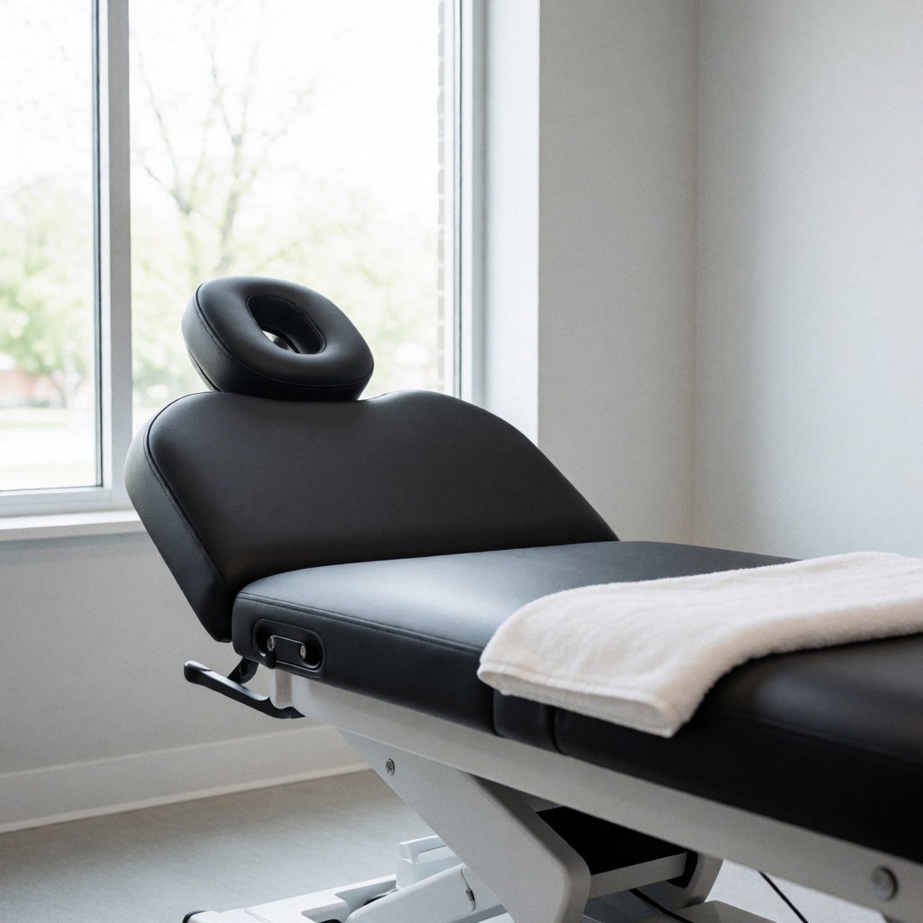 Table de massage noire avec serviette blanche dans une clinique minimaliste aux grandes fenêtres et aux murs gris clair.