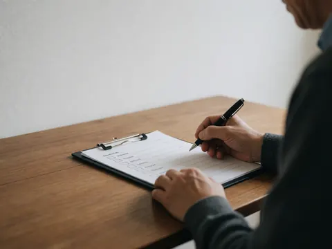Des mains adultes examinant attentivement une liste de contrôle posée sur une table en bois, illustrant un processus d'évaluation ou de vérification.
