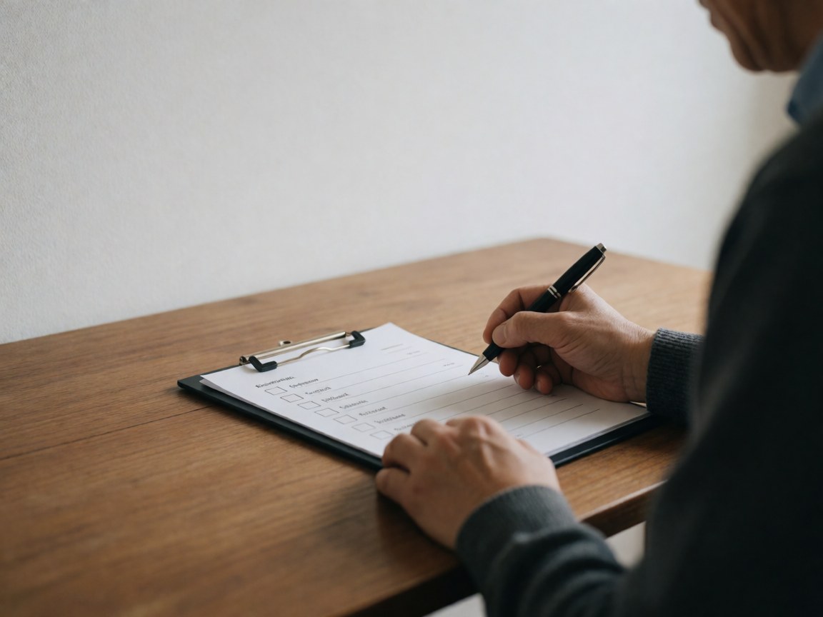 Des mains adultes examinant attentivement une liste de contrôle posée sur une table en bois, illustrant un processus d'évaluation ou de vérification.