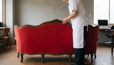 Un homme en tablier blanc examine un canapé rouge ancien au bois poli dans un atelier aux murs de béton baigné de lumière naturelle.