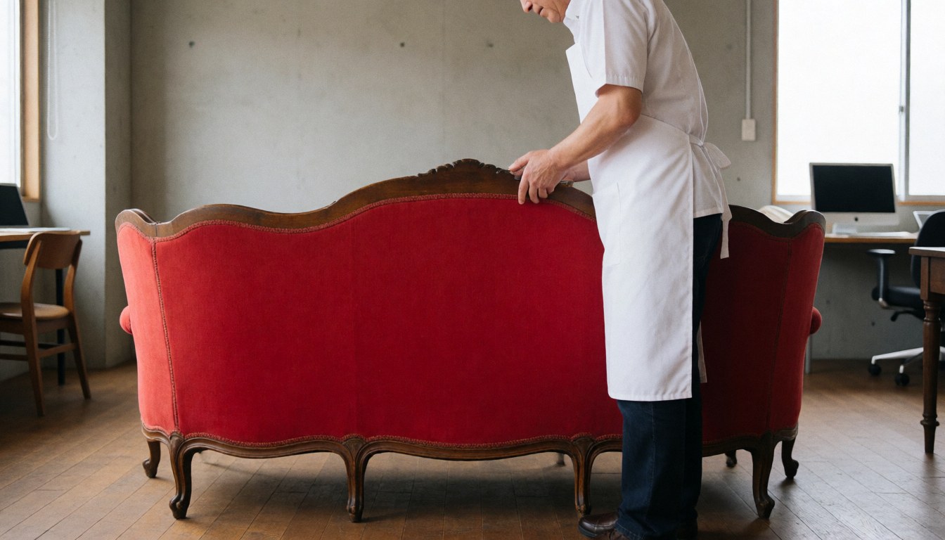 Un homme en tablier blanc examine un canapé rouge ancien au bois poli dans un atelier aux murs de béton baigné de lumière naturelle.
