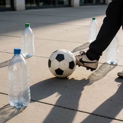 Un pied portant un crampon de football est positionné sur un ballon au sol, avec des bouteilles servant de cônes de marquage dans un environnement urbain nocturne.