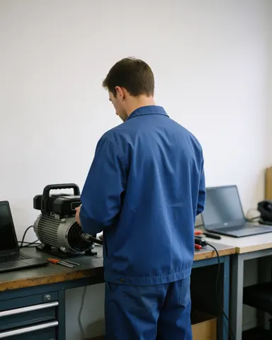 Technicien en réfrigération travaillant avec un équipement de vide dans un atelier bien éclairé et organisé.
