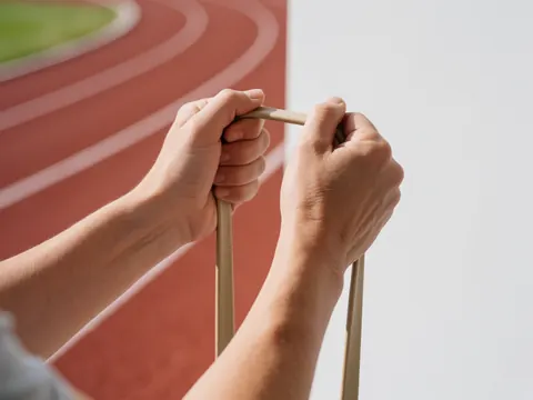 Gros plan sur des mains tenant une bande de résistance élastique sur une piste d'athlétisme, illustrant la flexibilité et l'entraînement physique.