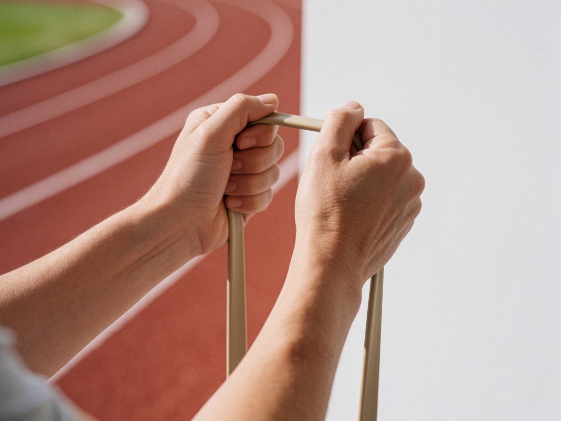 Gros plan sur des mains tenant une bande de résistance élastique sur une piste d'athlétisme, illustrant la flexibilité et l'entraînement physique.