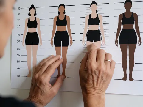 Des mains d'adultes indiquent des figures féminines sur un tableau de mesures corporelles, soulignant la diversité et le boxeo féminin.