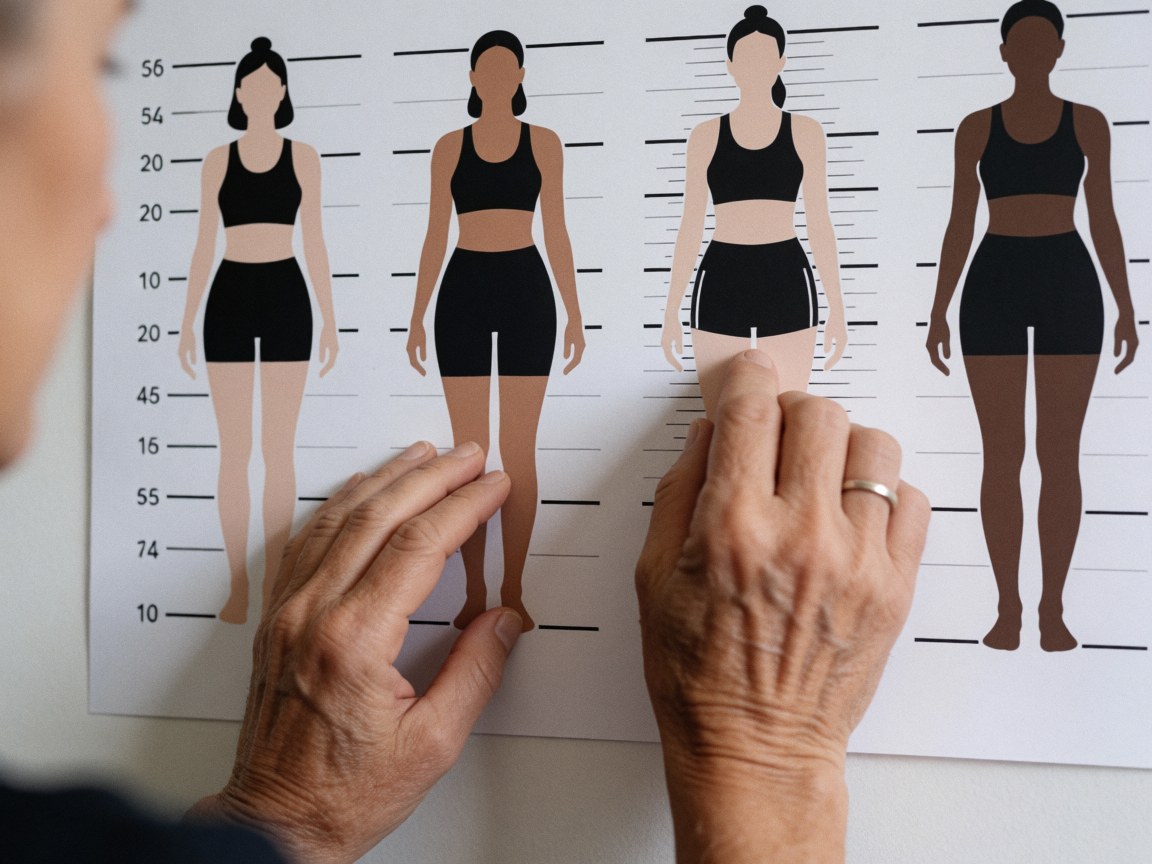 Des mains d'adultes indiquent des figures féminines sur un tableau de mesures corporelles, soulignant la diversité et le boxeo féminin.