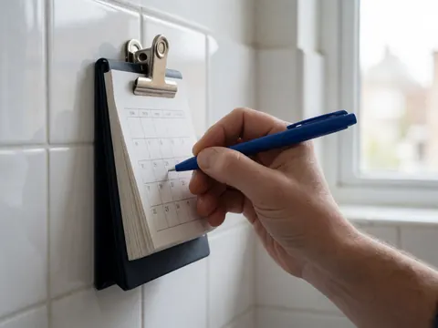 Une main tenant un stylo bleu écrit sur un calendrier accroché au mur, sur un fond de carreaux blancs avec une lumière naturelle.