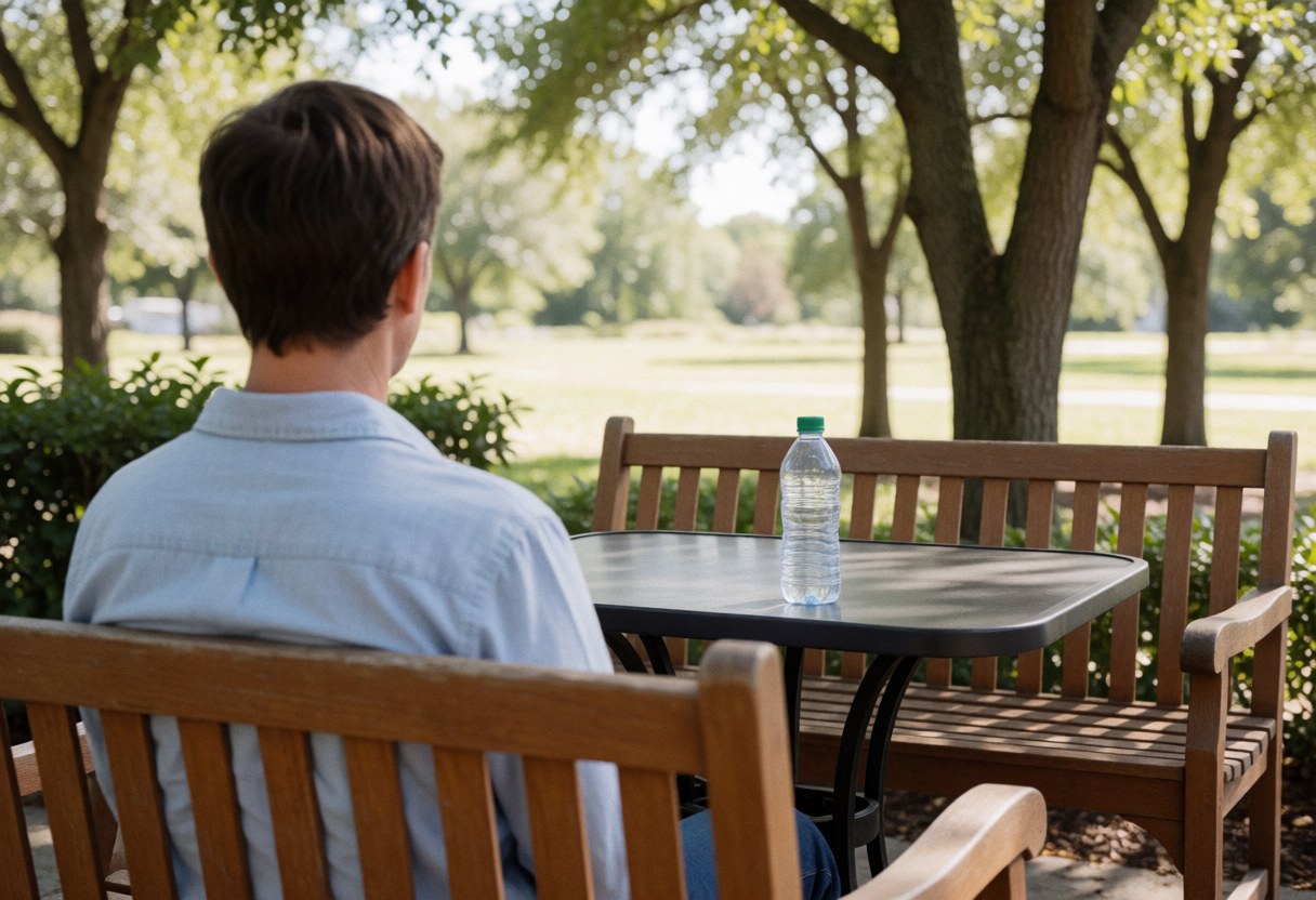 Une personne est assise sur un banc en bois dans un espace extérieur, regardant une table avec une bouteille d'eau, entourée d'arbres et de lumière naturelle.