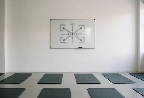 Gymnase de crossfit vide avec des tapis gris alignés et un tableau blanc portant un diagramme, idéal pour un entraîneur.