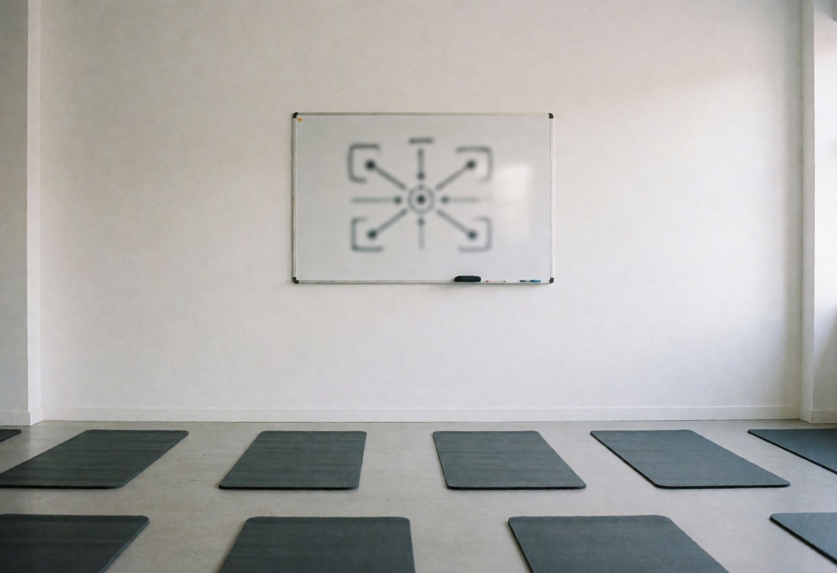 Gymnase de crossfit vide avec des tapis gris alignés et un tableau blanc portant un diagramme, idéal pour un entraîneur.