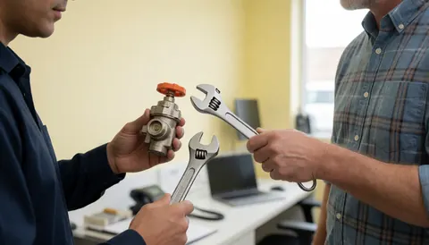 Un technicien en réparation d'appareils montre une vanne de gaz et une clé à un client dans un atelier aux murs jaunes clairs.