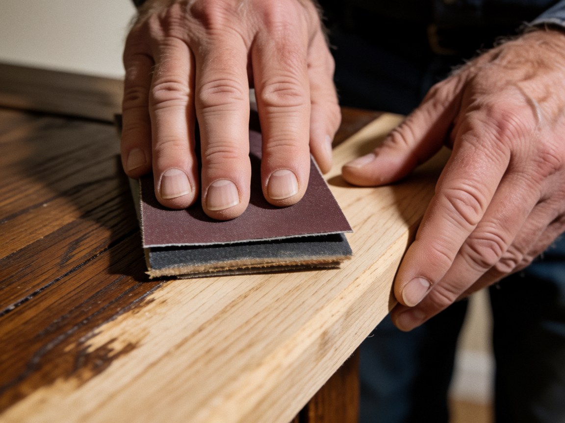 Mains d'un artisan polissant une surface en chêne avec un bloc de ponçage, révélant le grain du bois et la transition des couches.