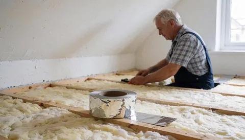 Un homme installe un isolant thermique sur un toit en utilisant du ruban en aluminium, montrant le matériau et l'outil en action.