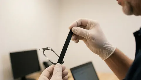 Un technicien en gants applique un adhésif noir sur des lentilles de contact dans un atelier de réparation de téléphones avec un fond blanc et du matériel visible.