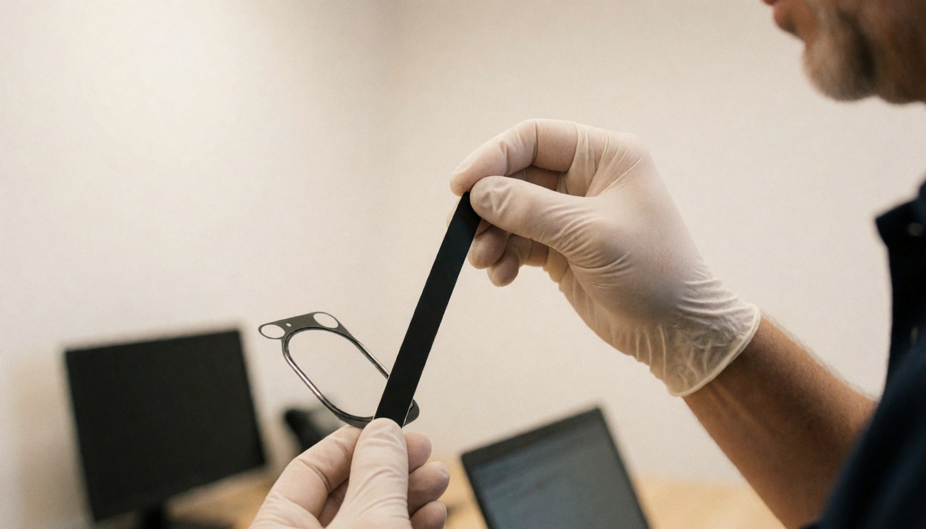 Un technicien en gants applique un adhésif noir sur des lentilles de contact dans un atelier de réparation de téléphones avec un fond blanc et du matériel visible.