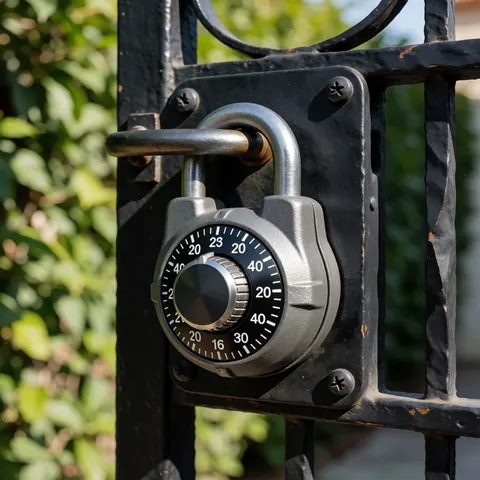 Cadenas métallique à cadran numérique avec chiffres blancs fixé sur une porte en fer forgé, entouré de feuillage vert, adapté aux entreprises de serrurerie.