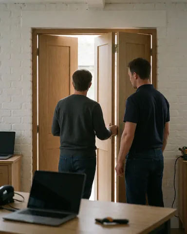 Un client teste l'ouverture de portes en bois à double battant dans une pièce aux murs de briques blanches pendant que l'installateur observe attentivement.