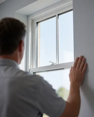 Un agent de nettoyage examine une vitre impeccable dans un immeuble moderne aux murs gris, sous un ciel clair reflété sur la surface.