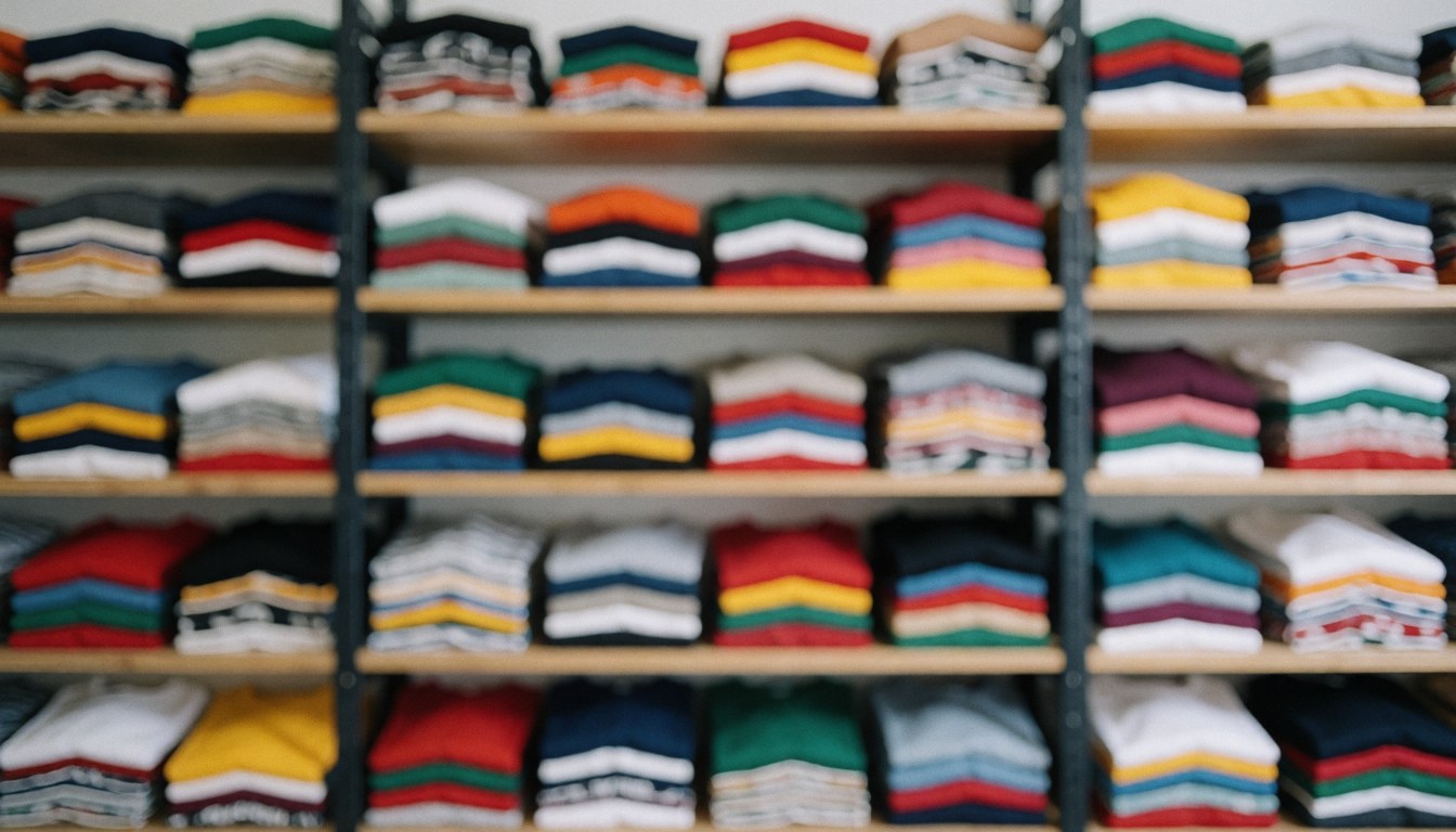 Arrière-plan flou d'étagères contenant des t-shirts colorés pliés, idéal pour ajouter du texte dans un contexte commercial lié au textile.
