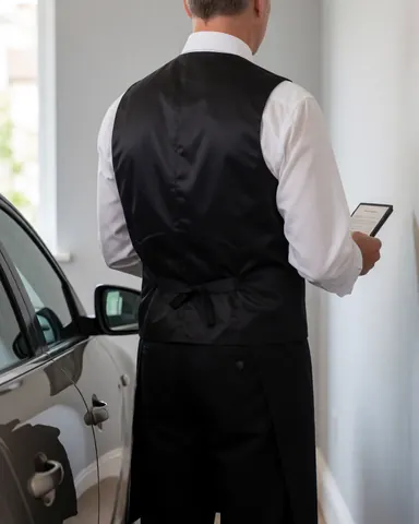 Agent de stationnement en uniforme noir et blanc tenant une tablette près d'une voiture, devant un mur gris clair, scène professionnelle.