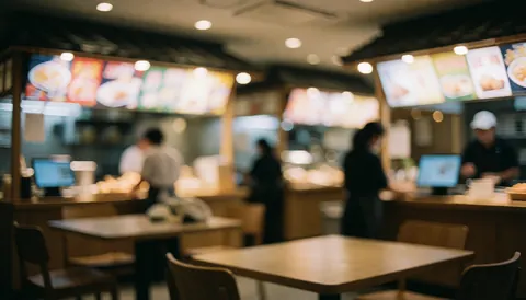 Fond alimentaire avec tables en bois et écrans de paiement, éclairage chaleureux, ambiance de parc à thème.