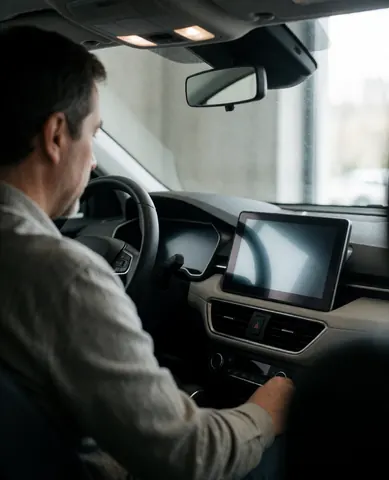 Un client examine l'écran tactile d'infotainment à l'intérieur d'une voiture moderne, avec la lumière naturelle entrant par la fenêtre et le volant visible.