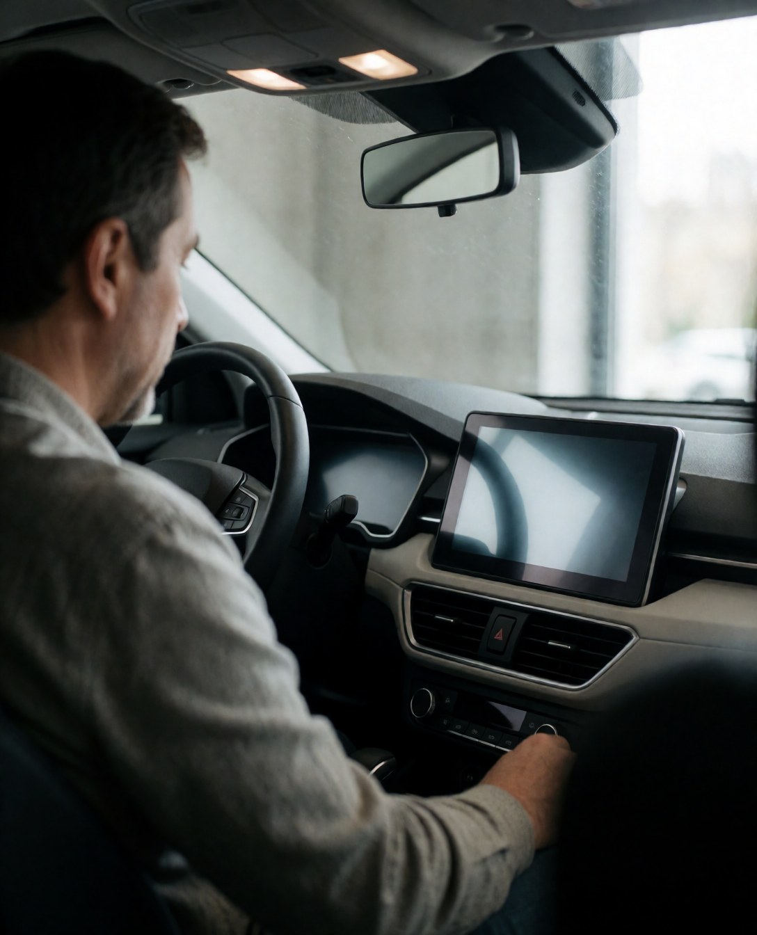 Un client examine l'écran tactile d'infotainment à l'intérieur d'une voiture moderne, avec la lumière naturelle entrant par la fenêtre et le volant visible.
