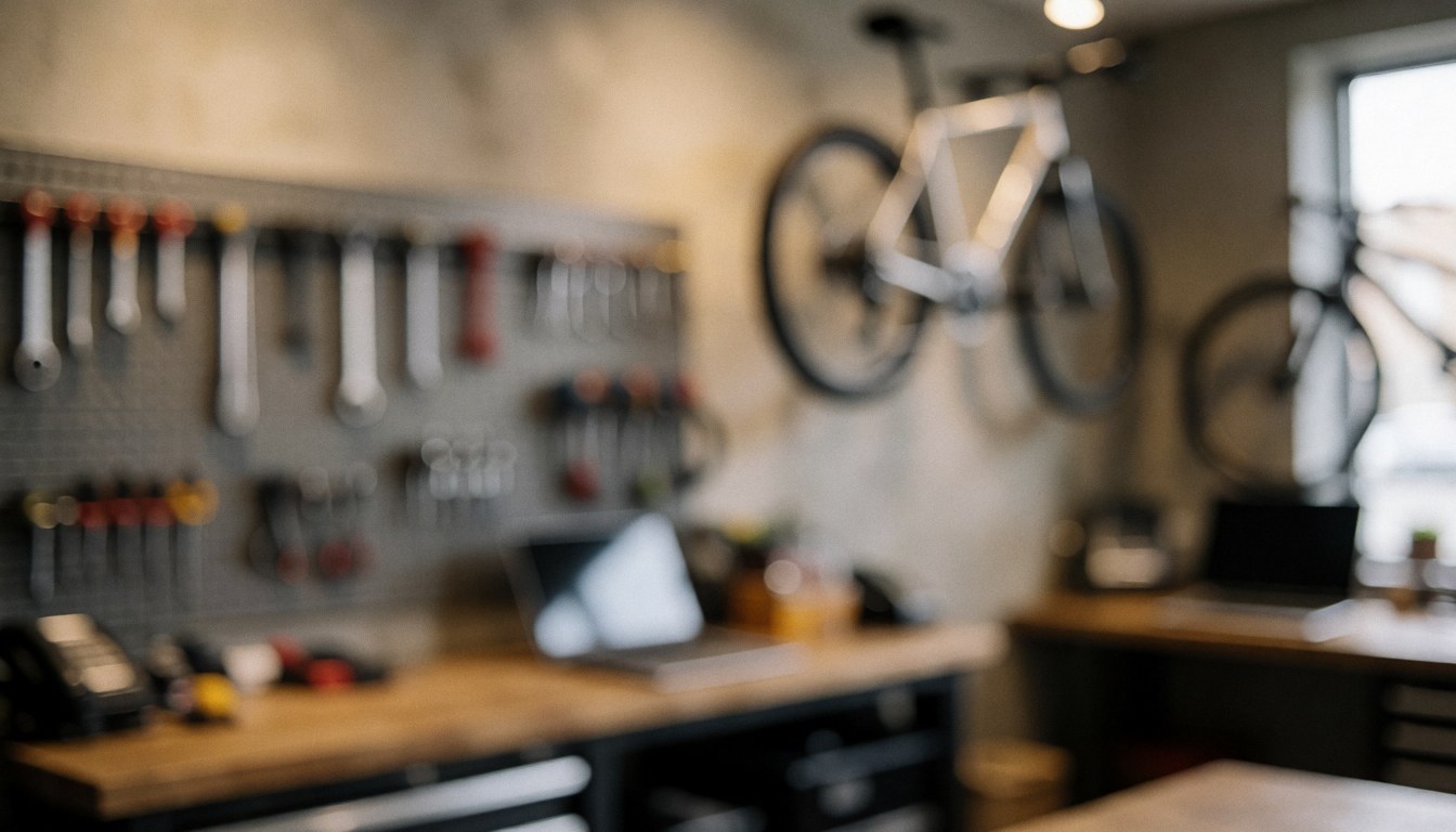 Arrière-plan d'atelier de vélos avec bicyclettes suspendues et outils en support, éclairage chaleureux et murs neutres