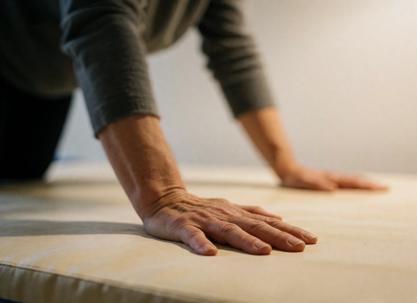 Gros plan sur des mains d'adulte posées sur un tapis de gymnastique, avec un corps en mouvement en arrière-plan et un mur blanc éclairé par une lumière chaude.