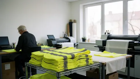 Gilets de sécurité jaunes empilés sur un présentoir métallique dans un atelier d'impression textile avec des machines et des fenêtres.
