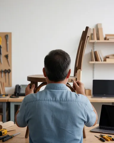 Un technicien restaure une chaise en bois dans un atelier bien éclairé et ordonné, avec des outils visibles et des murs blancs.