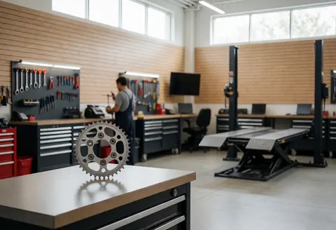 Sprocket argenté de moto posé sur un établi en atelier, avec des outils et un pont élévateur en arrière-plan, idéal pour la réparation de motocyclettes.