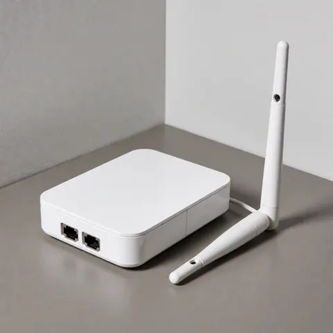 Appareil électronique blanc doté d'une antenne wifi et de ports ethernet posé sur une surface grise, destiné à la réparation de panneaux solaires.