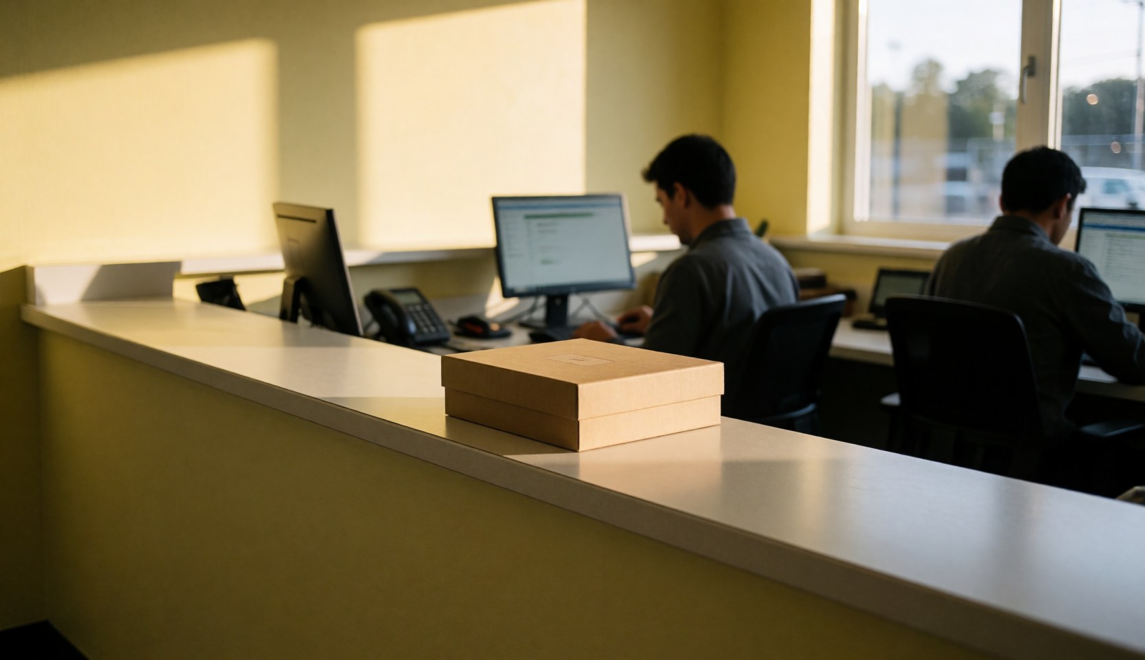 Réception de bureau avec deux employés travaillant sur des ordinateurs, un coffret cadeau sur le comptoir et des murs jaunes clairs, idéal pour une page d'accueil de site web