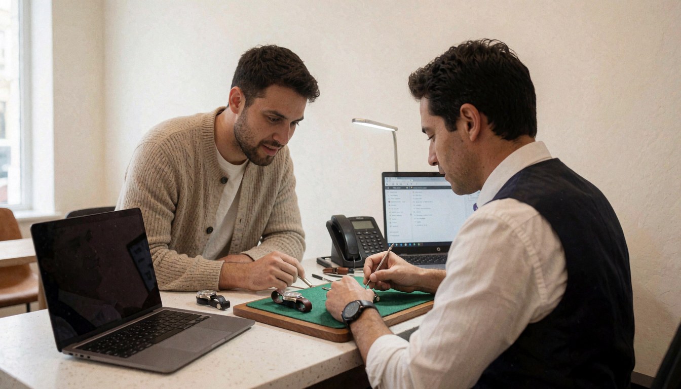 Un horloger répare une montre sur une table verte pendant qu'un client observe attentivement dans un atelier moderne et bien éclairé.
