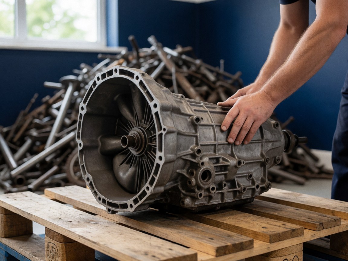 Transmission automobile reposant sur une palette en bois dans un atelier de recyclage, avec des piles de métal et des murs bleus en arrière-plan.