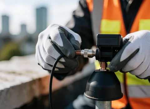 Des mains gantées ajustent un connecteur coaxial sur une antenne de télévision posée sur un toit avec une vue urbaine en arrière-plan.