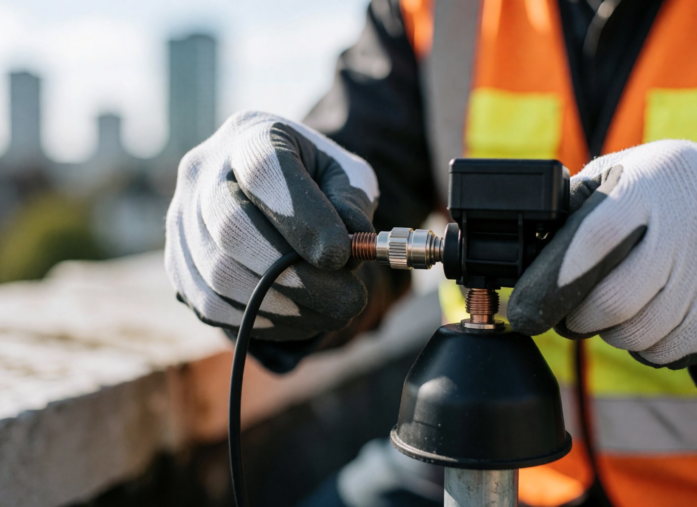 Des mains gantées ajustent un connecteur coaxial sur une antenne de télévision posée sur un toit avec une vue urbaine en arrière-plan.