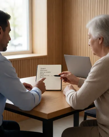 Un coach sportif et un client âgé examinent ensemble des objectifs inscrits dans un cahier posé sur une table en bois, avec un ordinateur portable et une lumière naturelle.