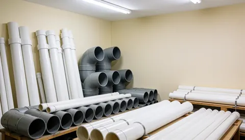 Rangement ordonné de tuyaux PVC blancs et de coudes gris dans un local aux murs beiges et à l'éclairage fluorescent, idéal pour une entreprise de réparation de tuyauterie.