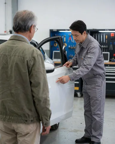 Un technicien en uniforme gris présente une porte de voiture blanche réparée à un client de dos dans un atelier avec des outils au mur.