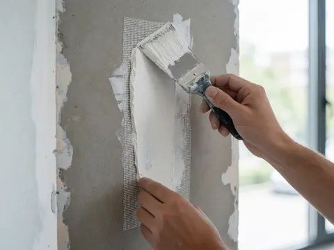 Une main applique du mastic blanc sur un treillis de fibre de verre fixé sur un mur en plâtre, éclairé par la lumière naturelle avec un outil de peinture visible.